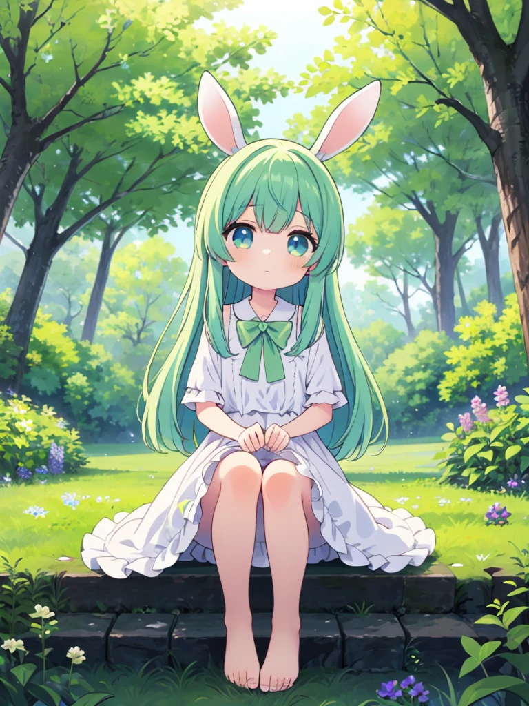 highest quality，High resolution，Super detailed，(One little beautiful girl:1.3)，Beautiful Eyes，Gaze quietly，Emerald Green Leaf Dress，barefoot，Leaves in the pocket，de luz，satin，A cluster of lupines，The silence of the grass，A hint of grass，Rabbit at your feet，Pastel style，light texture