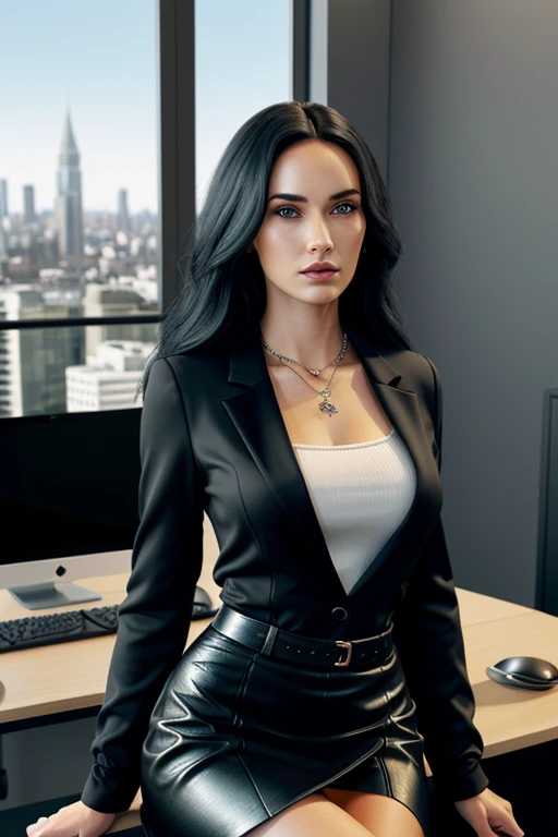 Photorealistic Masterpiece: 1.3
24-year-old Woman, Sitting at a Desk, Sleek and Smooth Black Onyx Hair, Extremely Smooth, Without Waves, adorned with Delicate Gothic Stonework Ornaments, Obsidian Black Hair with a Megan Fox-like Body, Wearing a Professional Office Outfit - a Short Tube Skirt Reaching the Waist and an Unbuttoned Long-Sleeved Blouse, with an Open Blazer, Seated in a Music Production Office with a City View, Hyper Realistic, Epic Realism, Extremely Detailed throughout, Striving for