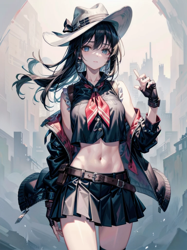 cowgirl costume, vest, cowboy hat, fingerless gloves, midriff, neckerchief, short skirt, holster, absurdres, RAW photo, extremely delicate and beautiful, masterpiece, Best Quality, ultra high resolution, 32k, hyperrealistic, ultra-detailed, perfect figure, tearful mole, earring, whole body shot, short medium hair, wavy hair,