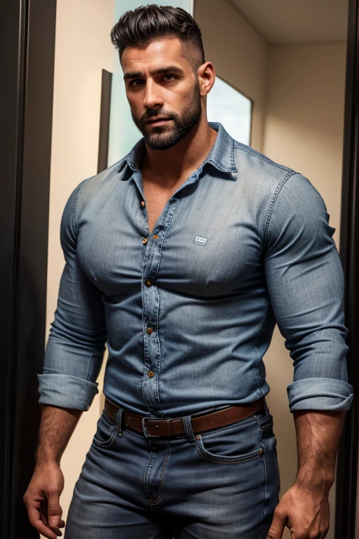 Beautiful  man 30 years old,  muscular body, barba rala, mas seu rosto esta iluminado pela fogueira. Gray Jeans 