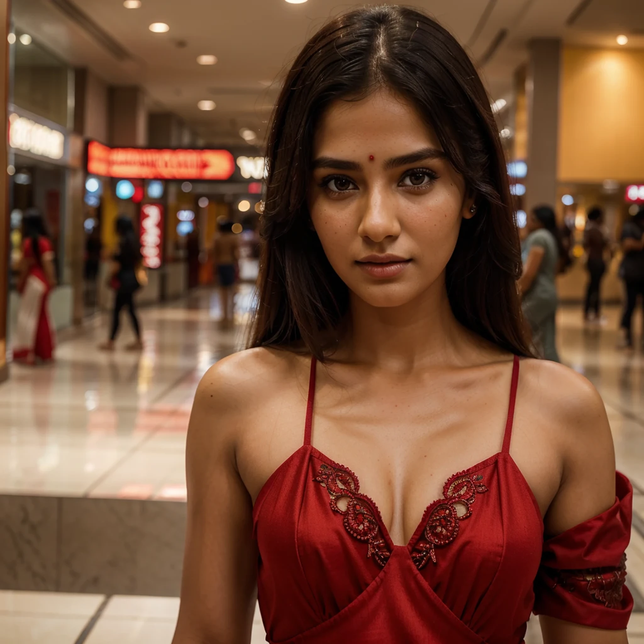 a 30 year old attractive girl in a red dress in a mall in India, detailed facial features, realistic portrait, photorealistic, 8k, high quality, beautiful lighting, intricate details, vivid colors, cinematic composition, dramatic shadows, natural skin tones, elegant pose, high fashion