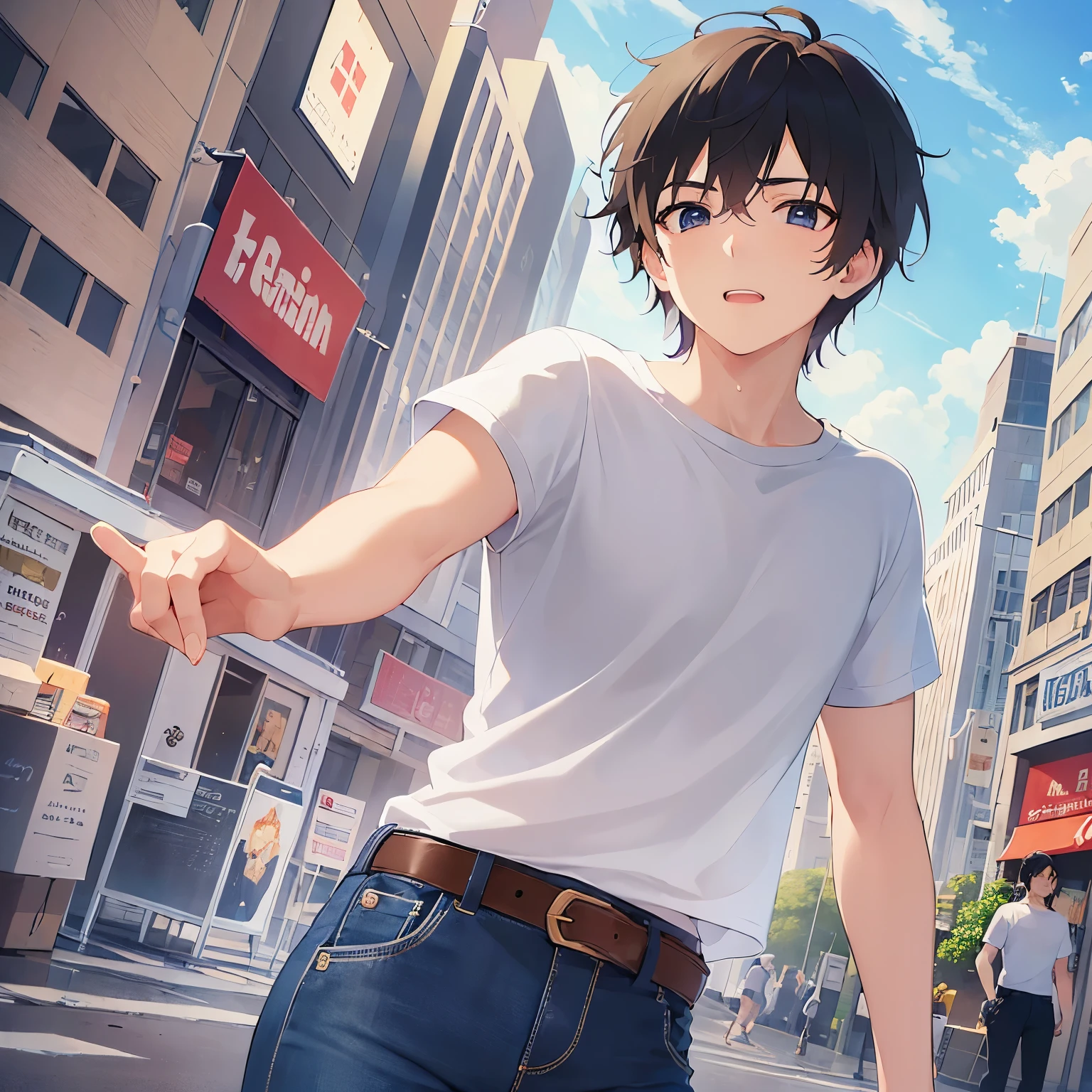 Detailed CG,Ultra-fine illustrations,masterpiece,highest quality,BREAK(28-year-old male:1.5)and(Black Short Hair)and(blue eyes)BREAK,(White T-shirt:1.5)and(jeans),(surprised:1.2)and(wide-eyed),The background is an amusement park,alone,(hand up:1.5)and(Biologically correct5Finger)and(missing fingers),Shooting from the front,leaning forward,dynamic pose