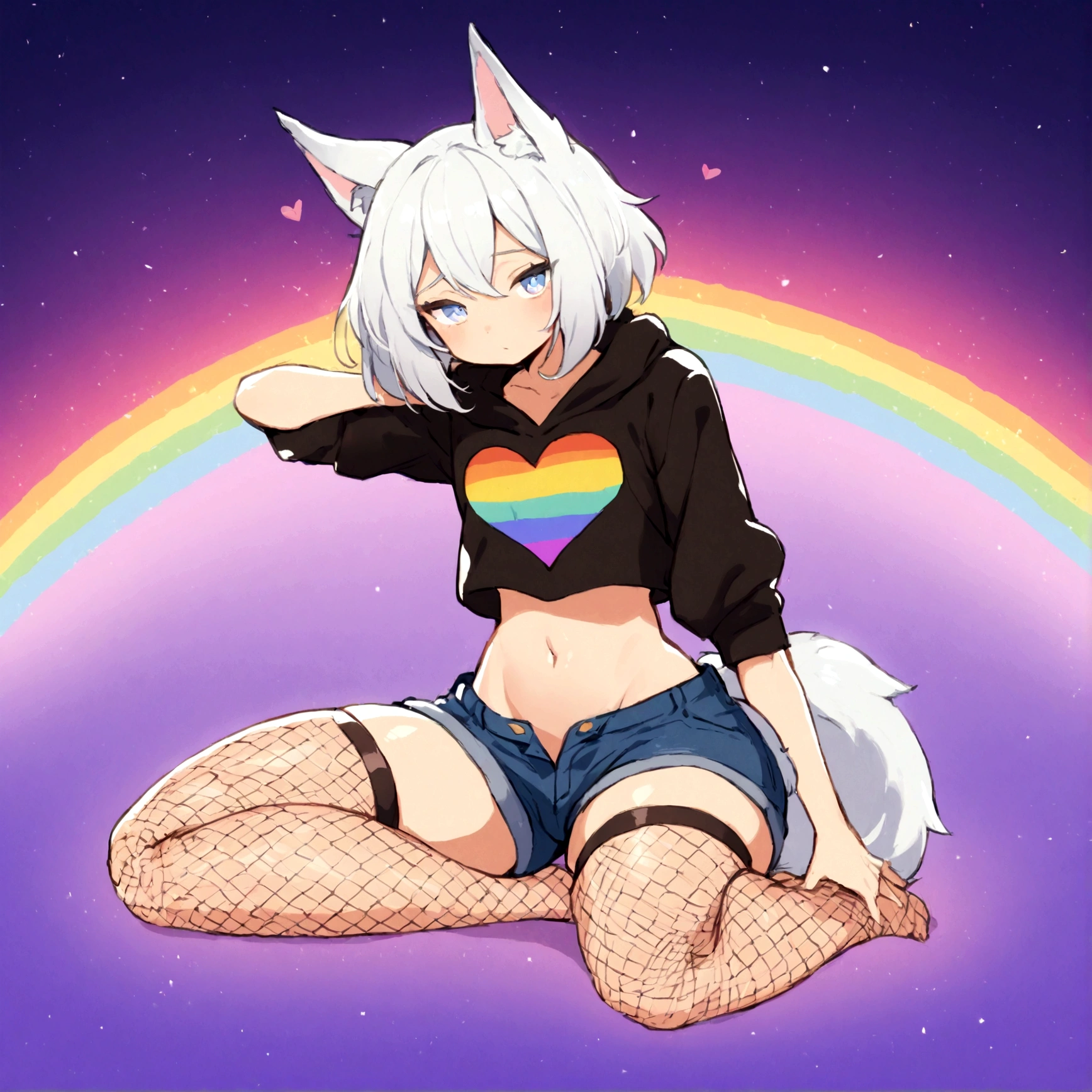 a cute adult male with wolf ears, white hair, has a wolf tail, wearing a loose cropped oversized black hoodie, wearing a pair of denim short shorts and thigh high fishnet stockings, thick thighs, wide hips, relaxing on mound of fluffy multi colored kawaii plushies, short, very slim, showing slender tummy, stretching out, heart on hoodie, squishy thighs, has glowing blue eyes. alone, solo (ALONE)(SOLO), surrounded by rainbows, colorful galaxy backround, nice butt