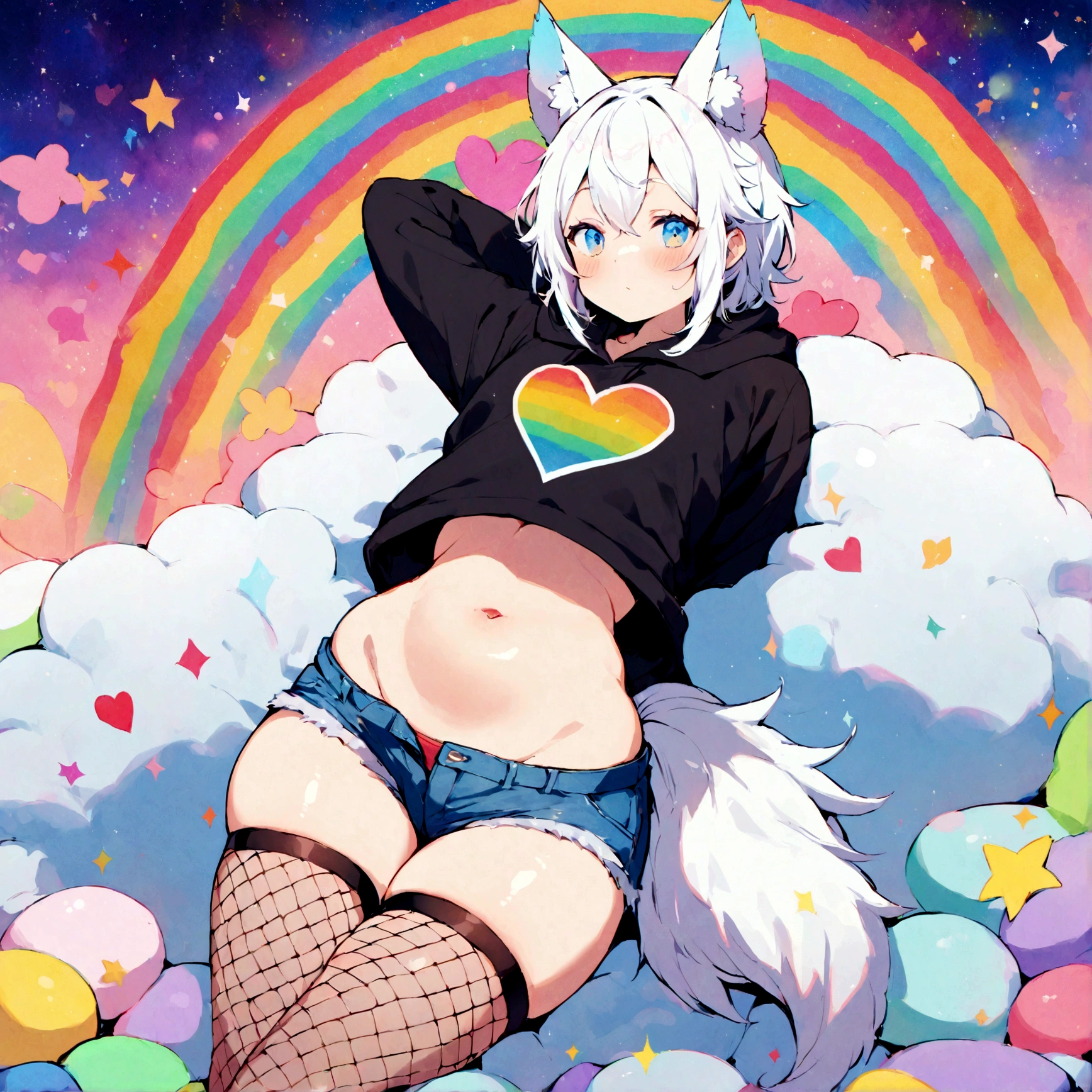 a cute adult male with wolf ears, white hair, has a wolf tail, wearing a loose cropped oversized black hoodie, wearing a pair of denim short shorts and fishnet stockings, thick thighs, wide hips, relaxing on mound of fluffy multi colored kawaii plushies, short, very slim, showing slender tummy, stretching out, heart on hoodie, squishy thighs, has glowing blue eyes. alone, solo (ALONE)(SOLO), surrounded by rainbows, colorful galaxy backround