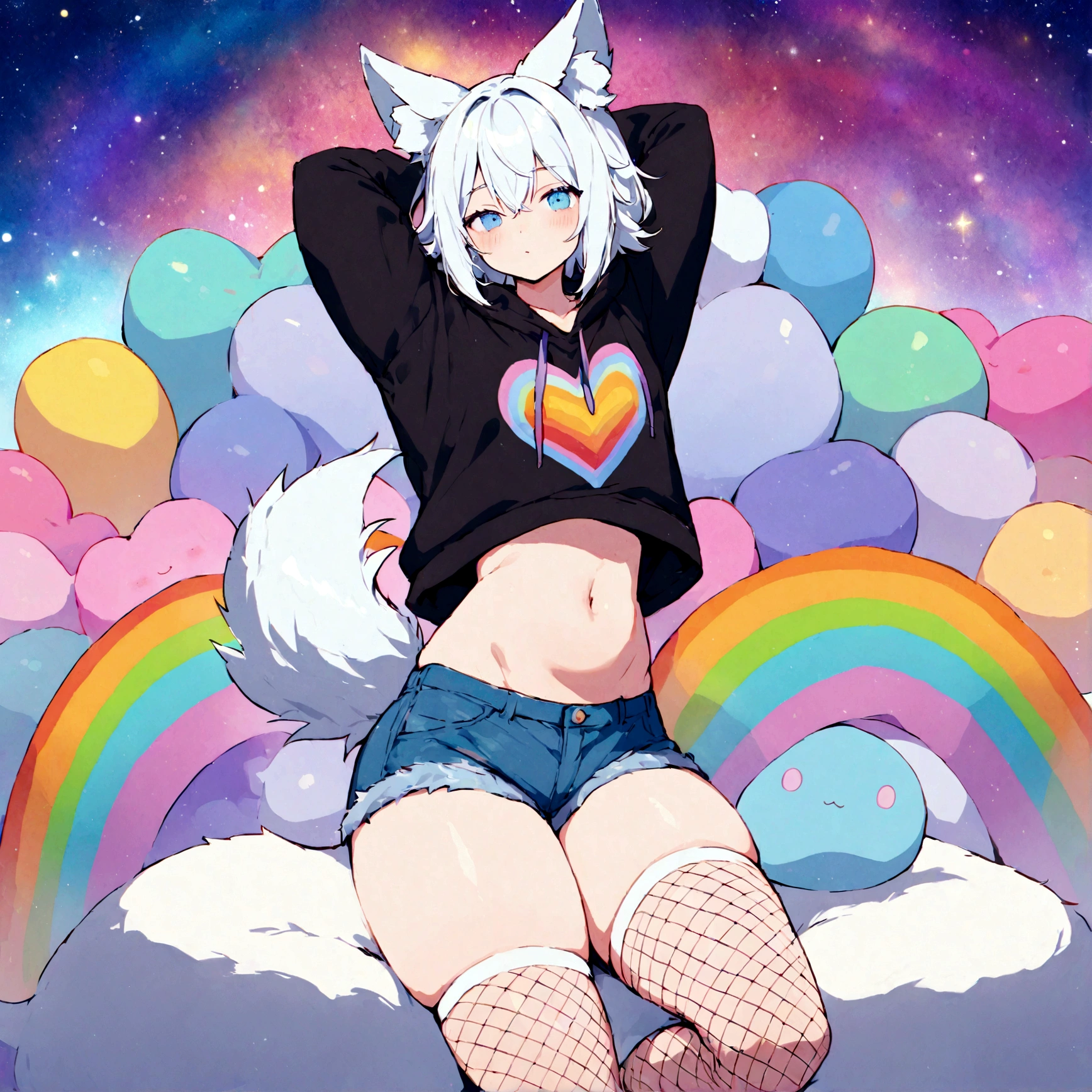 a cute adult male with wolf ears, white hair, has a wolf tail, wearing a loose cropped oversized black hoodie, wearing a pair of denim short shorts and fishnet stockings, thick thighs, wide hips, relaxing on mound of fluffy multi colored kawaii plushies, short, very slim, showing slender tummy, stretching out, heart on hoodie, squishy thighs, has glowing blue eyes. alone, solo (ALONE)(SOLO), surrounded by rainbows, colorful galaxy backround