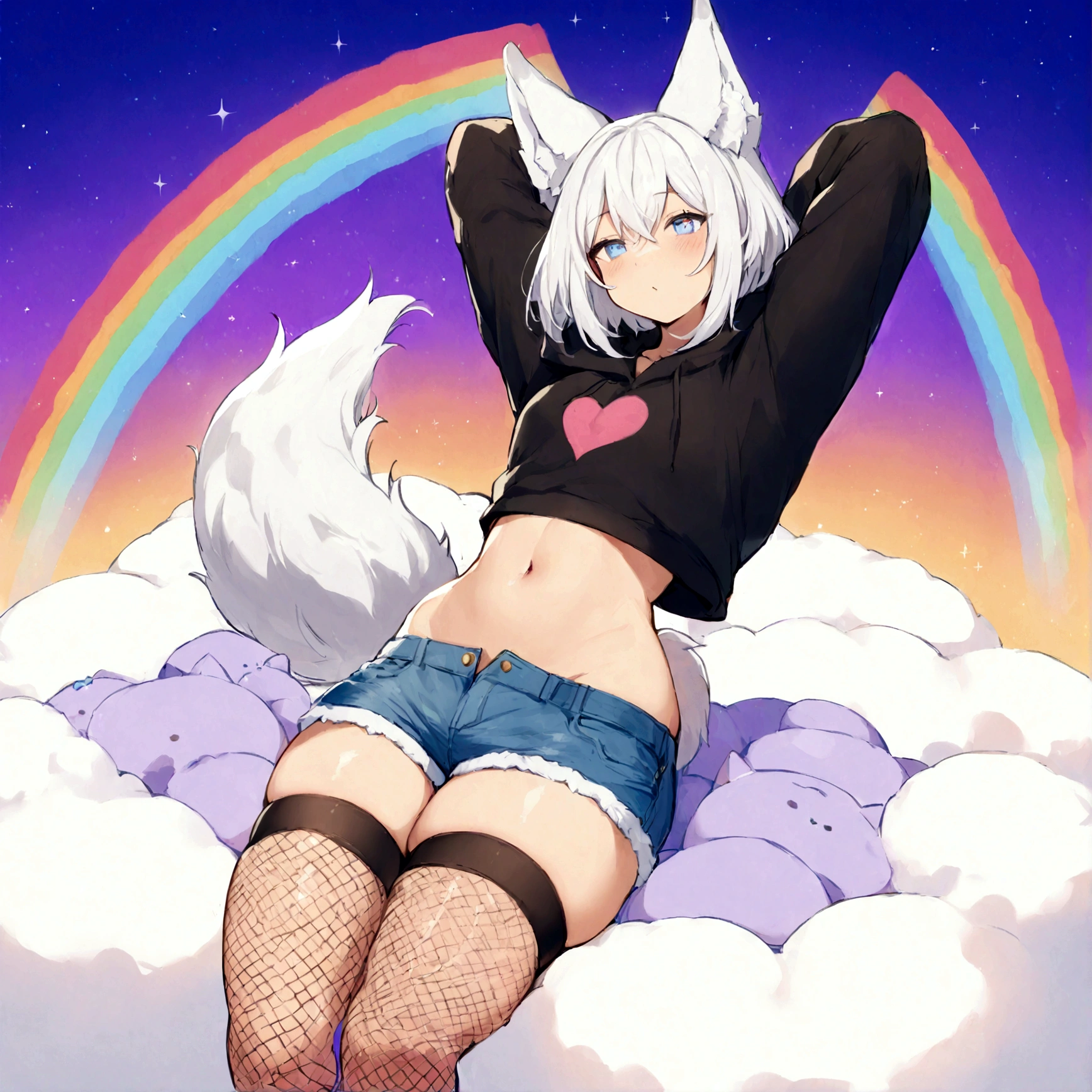 a cute adult male with wolf ears, white hair, has a wolf tail, wearing a loose cropped oversized black hoodie, wearing a pair of denim short shorts and thigh high fishnet stockings, thick thighs, wide hips, relaxing on mound of fluffy multi colored kawaii plushies, short, very slim, showing slender tummy, stretching out, heart on hoodie, squishy thighs, has glowing blue eyes. alone, solo (ALONE)(SOLO), surrounded by rainbows, colorful galaxy backround, nice butt