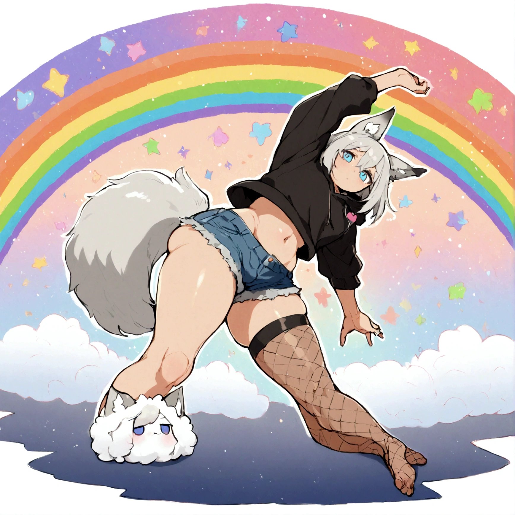 a cute adult male with wolf ears, white hair, has a wolf tail, wearing a loose cropped oversized black hoodie, wearing a pair of denim short shorts and thigh high fishnet stockings, thick thighs, wide hips, relaxing on mound of fluffy multi colored kawaii plushies, short, very slim, showing slender tummy, stretching out, heart on hoodie, squishy thighs, has glowing blue eyes. alone, solo (ALONE)(SOLO), surrounded by rainbows, colorful galaxy backround, nice butt
