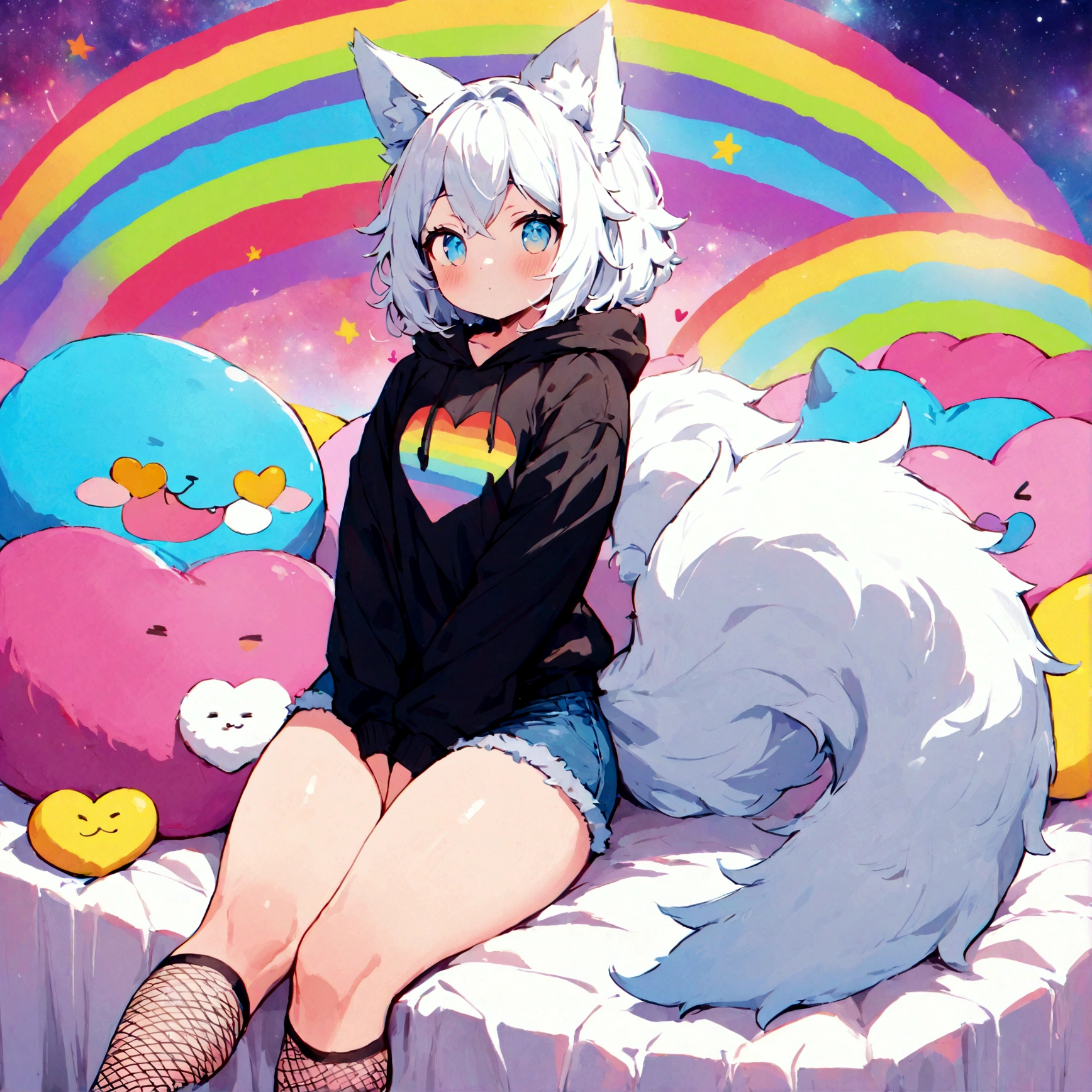 a cute adult male with wolf ears, white hair, has a wolf tail, wearing a loose cropped oversized black hoodie, wearing a pair of denim short shorts and fishnet stockings, thick thighs, wide hips, relaxing on mound of fluffy multi colored kawaii plushies, short, very slim, showing slender tummy, stretching out, heart on hoodie, squishy thighs, has glowing blue eyes. alone, solo (ALONE)(SOLO), surrounded by rainbows, colorful galaxy backround