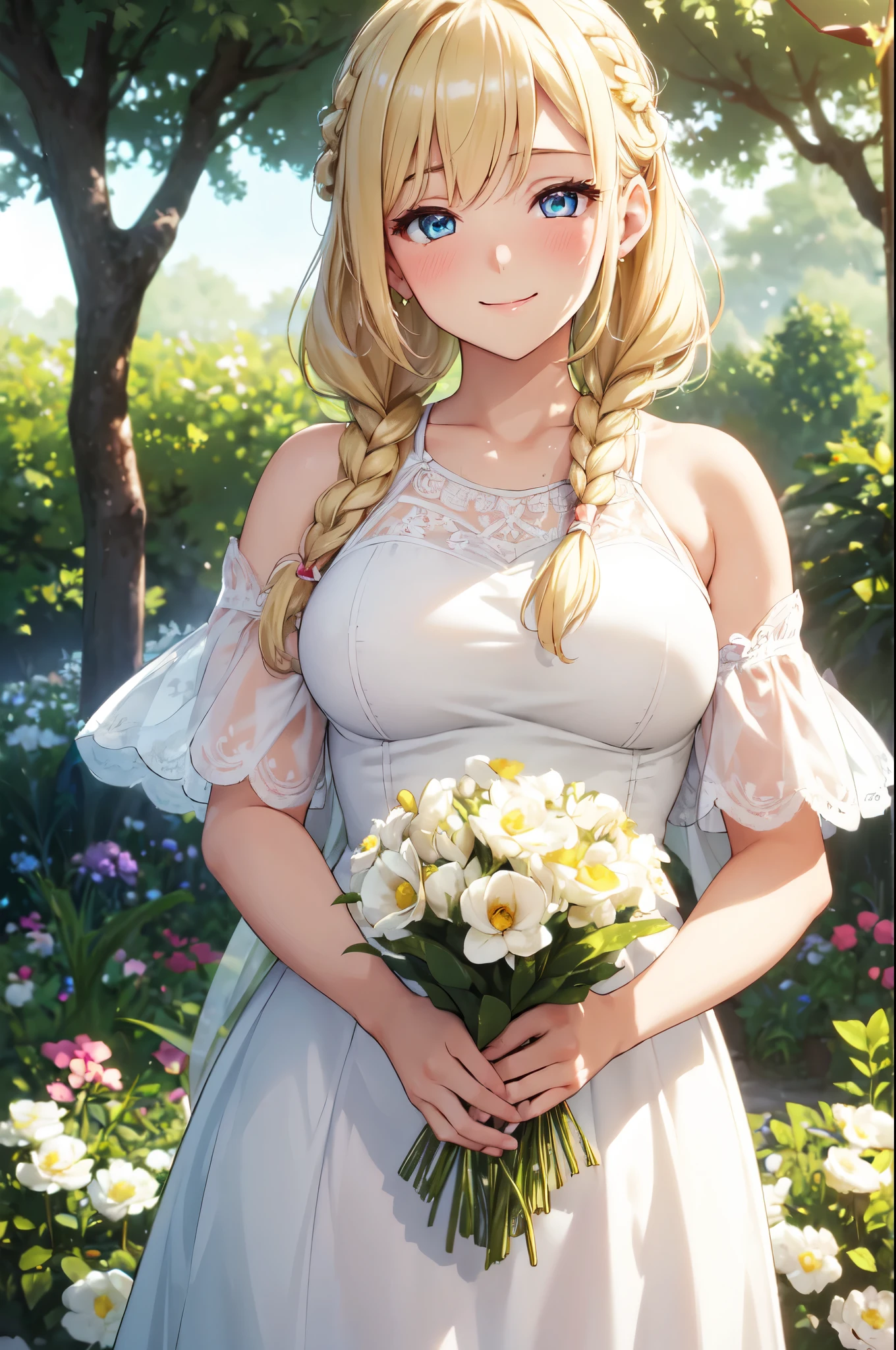 (High quality, High resolution, Fine details), garden, White Dress, Vibrant, solo, curvy adult women, blonde Braided hair, sparkling eyes, (Detailed eyes:1.2), smile, blush, Sweat, Oily skin, Fresh breeze, Shining sunshine, Soft tones, shallow depth of field
