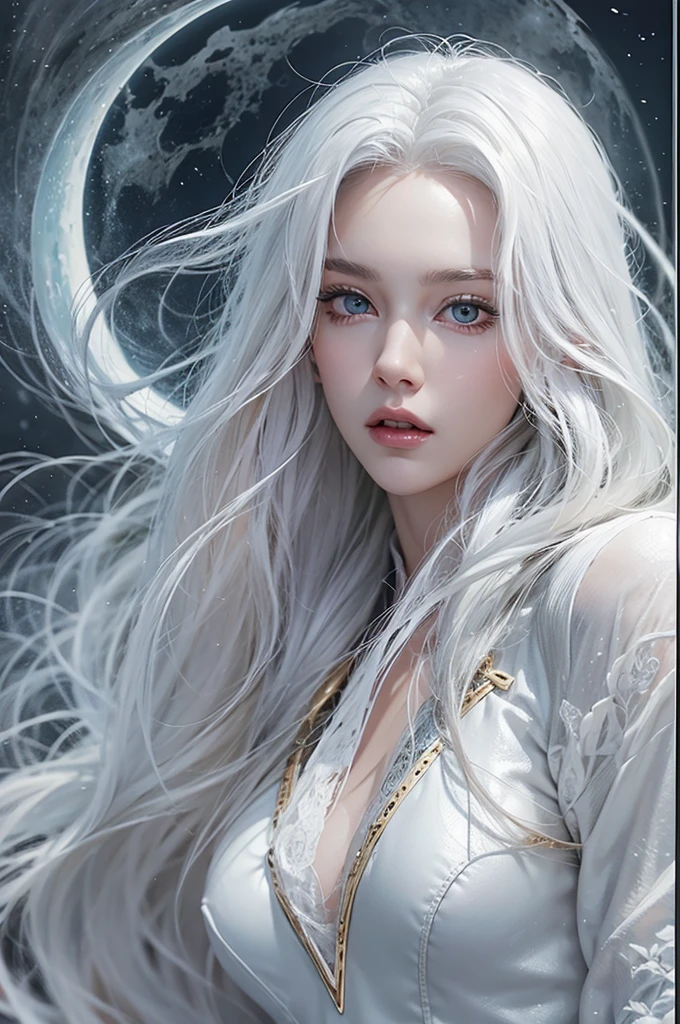 masterpiece, best quality, (alone focus), (perfect face:1.1), (high detail:1.1), (very detailed eyes), dramatic, Woman with pale skin and long, voluminous white hair, white snow, alone, long hair, Sephiroth, moon, night, white luxury suit, belly button covered, detailed background, art by artgerm,