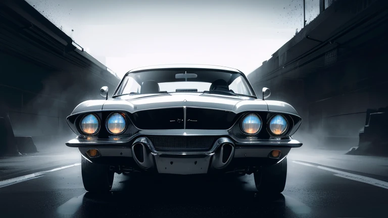 1960s luxury sedan, rear view, futuristic car, mystery, epic scene, fantasy car, classic car, highly detailed, photorealistic, ultra-detailed, 8k, masterpiece, best quality, award winning, dramatic lighting, cinematic, moody atmosphere, chiaroscuro, dynamic composition, intricate details, gleaming chrome, glossy paint, seamless integration, stunning realism