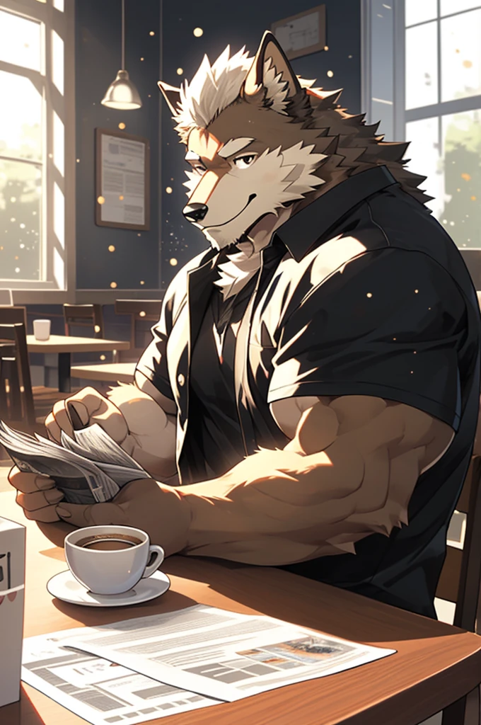Depth of Field, Perfect lighting, Light Particles,(best quality),(masterpiece),(Super detailed),Clear focus,Light Particles, Niji, Eye contact, Black eyes, Watching_exist_Viewer, Smile, Solitary, hairy, animal_Wolf_ear, light yellow fur, Brown fur, white beard, muscle, black jacket, White T-shirt, Hold a cup of coffee, Reading a newspaper, Upper Body, Sunlight, table, exist咖啡店裡, window, street