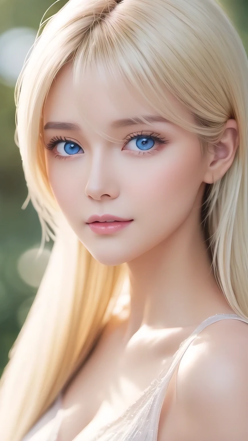 True Photo Quality、Extraordinary sexy beauty、Beautiful calm and bright expression、Sexy refreshing look、Long bangs that fall on a perfect beautiful cute face、Super long platinum blonde straight silky hair、blonde on a beautiful face、Very cute beautiful sexy young little woman、Very perfect beautiful cute face、Beautiful bright sky blue eyes、Very big eyes、bangs over eyes、Hair above one eye、Hair between the eyes、Very radiant white skin、Cheek gloss