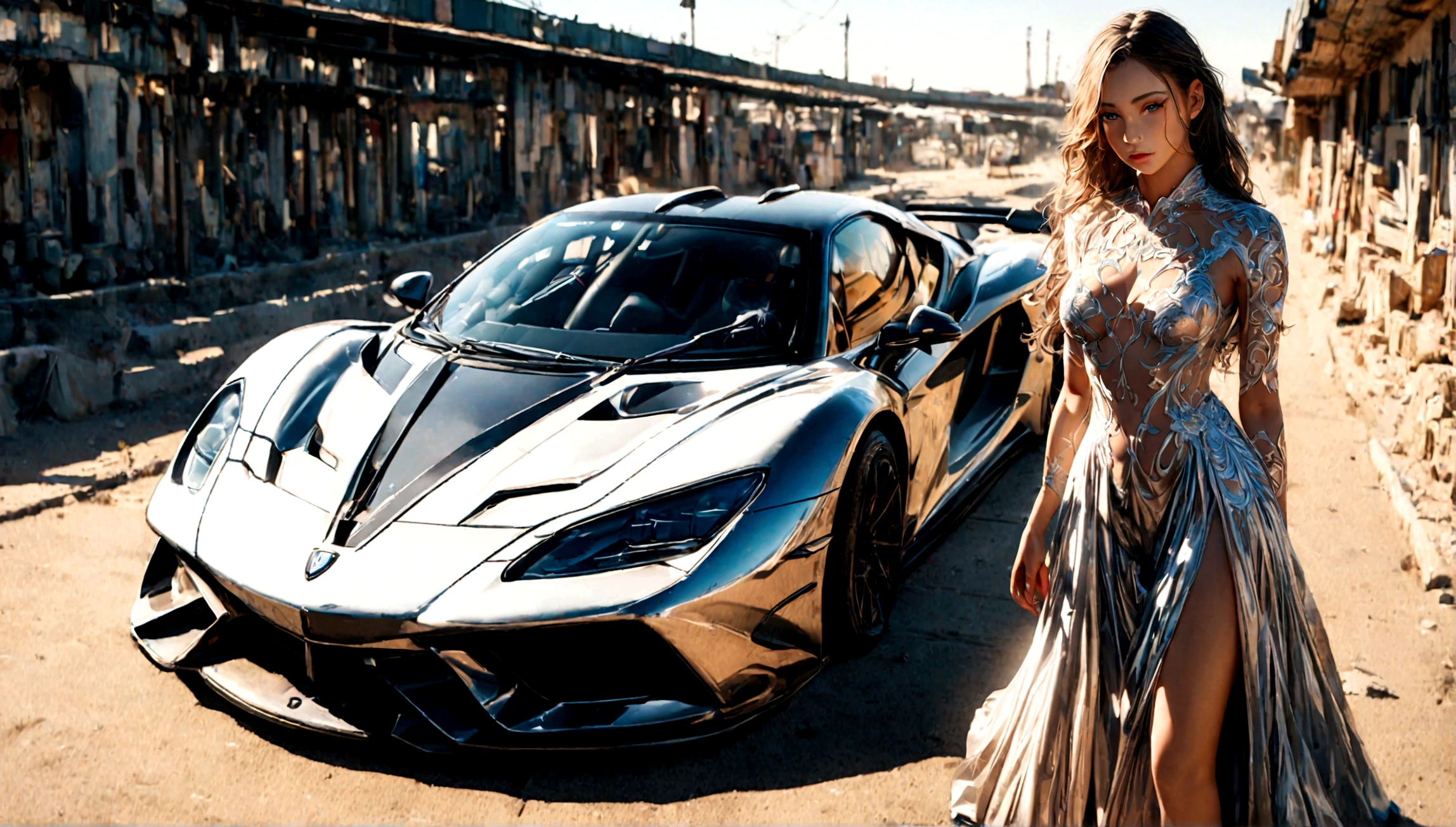 a beautiful girl in a tight dress posing next to a superdeportive car, hyper realistic, 8k, cinematic lighting, detailed facial features, photorealistic, volumetric lighting, dramatic shadows, highly detailed, intricate details, stunning, exquisite, flawless skin, elegant pose, impeccable fashion, glossy car paint, smooth metallic reflections, depth of field, cinematic framing