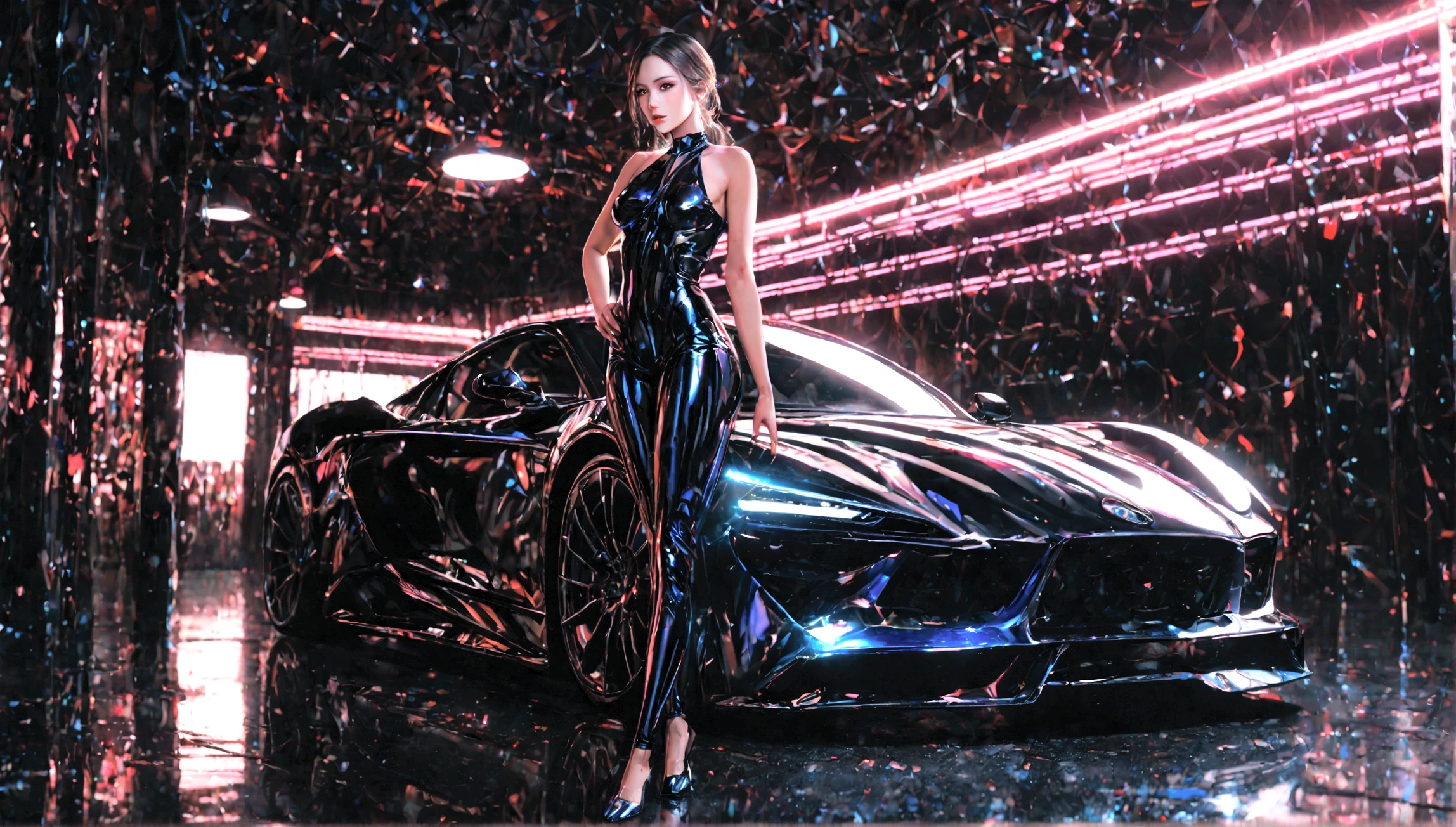 a beautiful girl in a tight dress posing next to a superdeportive car, hyper realistic, 8k, cinematic lighting, detailed facial features, photorealistic, volumetric lighting, dramatic shadows, highly detailed, intricate details, stunning, exquisite, flawless skin, elegant pose, impeccable fashion, glossy car paint, smooth metallic reflections, depth of field, cinematic framing