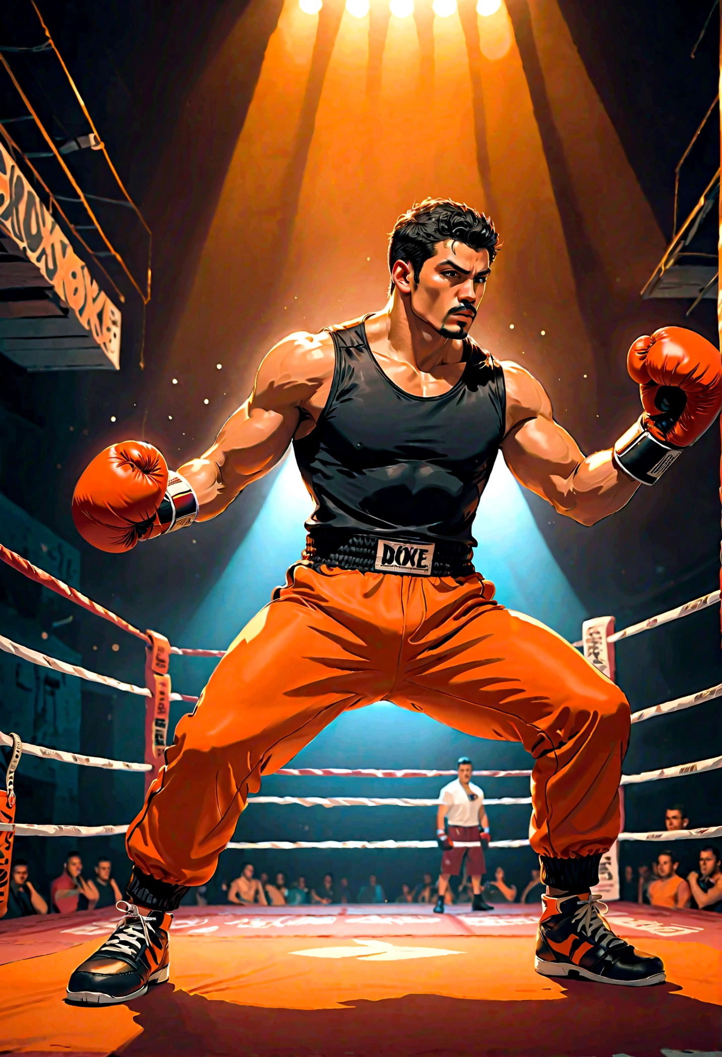 homem treinando Kick boxe , estilo comics , vestindo camiseta regata preta, boxing gloves and orange sweatpants