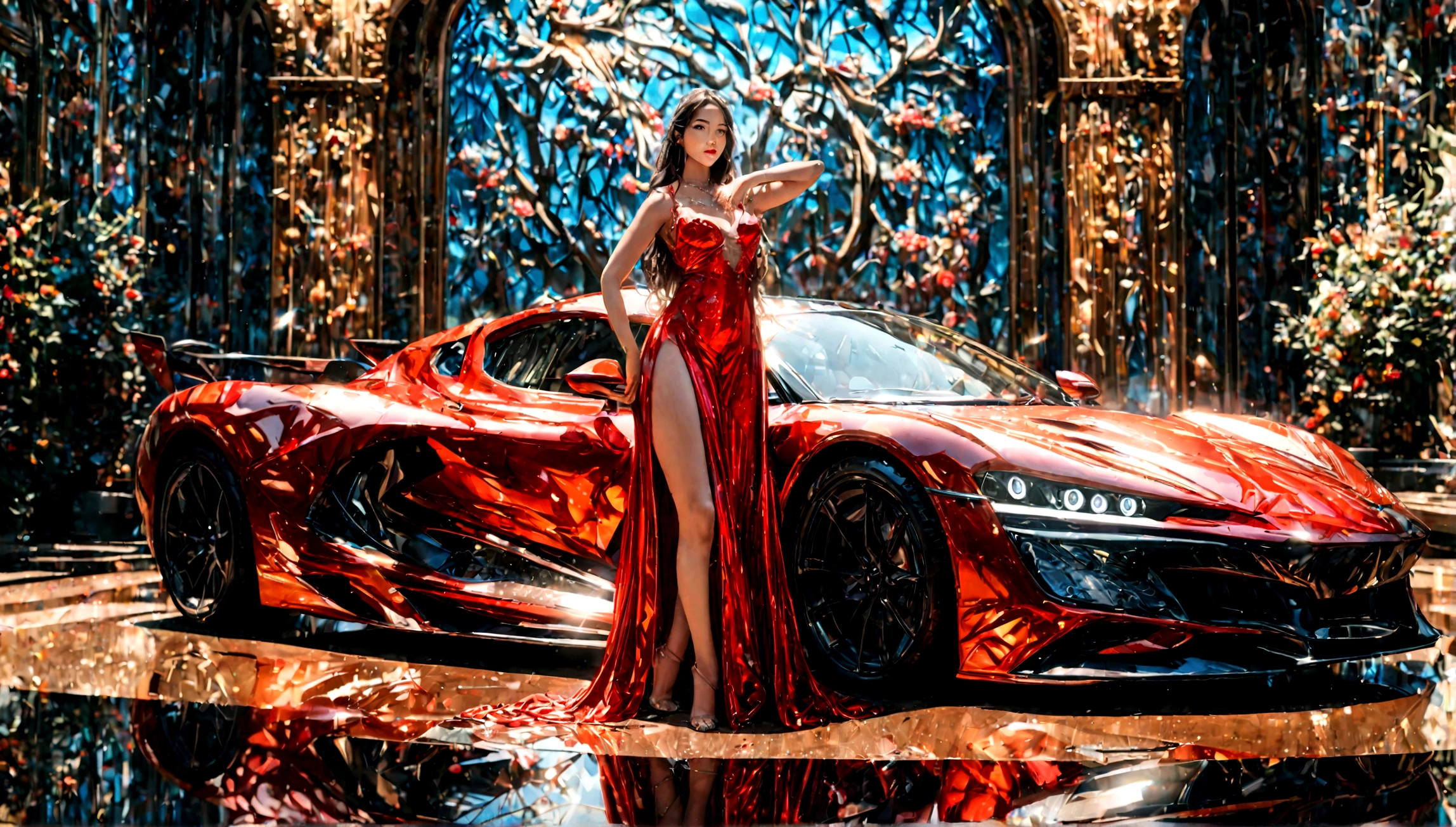 a beautiful girl in a tight dress posing next to a superdeportive car, hyper realistic, 8k, cinematic lighting, detailed facial features, photorealistic, volumetric lighting, dramatic shadows, highly detailed, intricate details, stunning, exquisite, flawless skin, elegant pose, impeccable fashion, glossy car paint, smooth metallic reflections, depth of field, cinematic framing