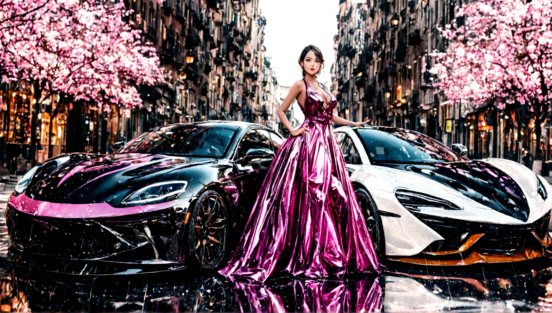 a beautiful girl in a tight dress posing next to a superdeportive car, hyper realistic, 8k, cinematic lighting, detailed facial features, photorealistic, volumetric lighting, dramatic shadows, highly detailed, intricate details, stunning, exquisite, flawless skin, elegant pose, impeccable fashion, glossy car paint, smooth metallic reflections, depth of field, cinematic framing