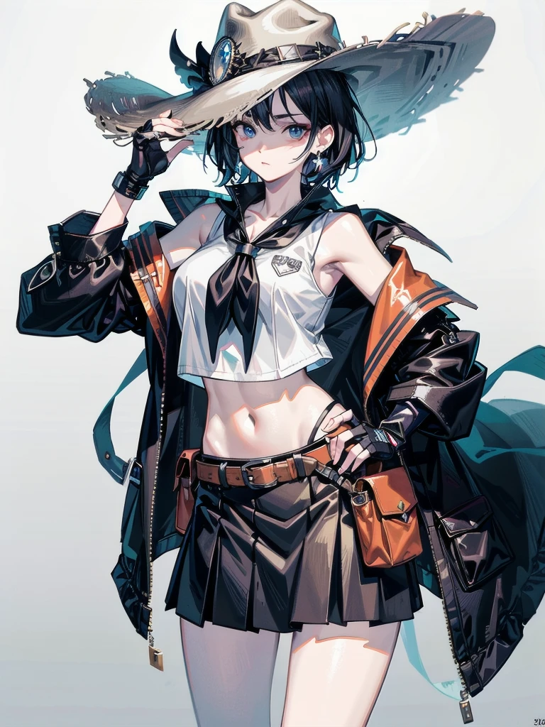 cowgirl costume, vest, cowboy hat, fingerless gloves, midriff, neckerchief, short skirt, holster, whole body shot, absurdres, RAW photo, extremely delicate, extremely beautiful, masterpiece, Best Quality, ultra high resolution, 32k, hyperrealistic, ultra-detailed description, perfect anatomy, correct body, ideal ratio of body proportions, colorful image, pale skin, 20 years old, detailed beautiful face, detailed beautiful face eyes, tearful mole, earring, short medium hair, black hair, medium tits,