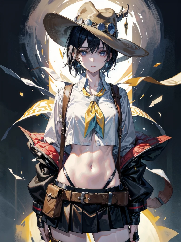 cowgirl costume, vest, cowboy hat, fingerless gloves, midriff, neckerchief, short skirt, holster, whole body shot, absurdres, RAW photo, extremely delicate, extremely beautiful, masterpiece, Best Quality, ultra high resolution, 32k, hyperrealistic, ultra-detailed description, perfect anatomy, correct body, ideal ratio of body proportions, colorful image, pale skin, 20 years old, detailed beautiful face, detailed beautiful face eyes, tearful mole, earring, short medium hair, black hair, medium tits,