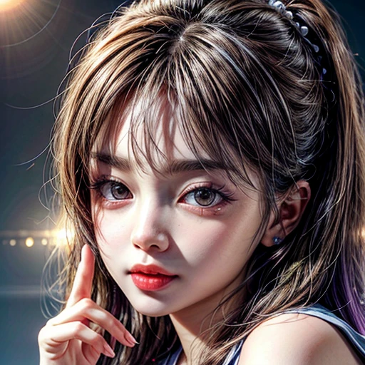 (highest quality,Super detailed,Physically Based Rendering:1.2), Realistic,Portraiture,Beautiful young woman with Delicate facial features,Soft lighting, ((Playfully licking finger with tongue, Gently placing a finger in the mouth)), (Close-up shot of sensual lips),Cheeks turn slightly red,A gentle and captivating gaze, cute BabyLike finger . Studio gray background, Light Particles, many blurred colorful Lights (dazzling bokeH) . BREAK . (((NOGIZAKA face variations)))  Extremely Detailed very KAWAII face variations, elaborate detailed Eyes with (sparkling highlights:1.2), (Voluminous long eyelashes:0.85)、Glossy RED Lips with beautiful details, Coquettish tongue, Rosy cheeks, Radiant PearlSkin with clear transparency, (Natural:0.8) Detailed FlawlessSkin with glowing DowneyHair . { (Dynamic LifeLike expressions) | :d) }, (large eyes:-1) . mouth_hold