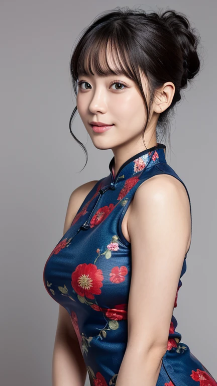 (RAW Photos:1.2), (Realistic:1.4), Beautiful detailed girl, Very detailed eyes and face, Beautiful details, Ridiculous, incredibly Ridiculous, Large file size, Very detailed, High resolution, Very detailed, highest quality, masterpiece, kemomimi, ((Japanese Girls)),、 shape, Very detailed, CG, Unified, 8k wallpaper, wonderful, Fine details, masterpiece, highest quality, Very detailed CG uniform 8k wallpaper, Light on the face, Cinema Lighting,( One Girl),Feeling Face、(Big Ass)、(Upper body from the knee up)、((Blue and red floral qipao))、((Sleeveless))(Ample breasts:1.5)、28 years old、very,Ponytail Hair、Shiny black hair、Looking into the camera、(Big smile 1:4):((Knee to upper body)),Are standing,