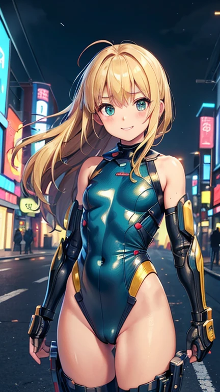 (8k),(masterpiece),(Japanese),(),((innocent look)),((Childish)),From the front,smile,cute,Innocent,Kind eyes,Flat chest,Hairless vagina, Cameltoe,Yellow and green Aquaman Costume,semi-long,Hair blowing in the wind,Blonde Hair,Strong wind,night,dark, Neon light cyberpunk city