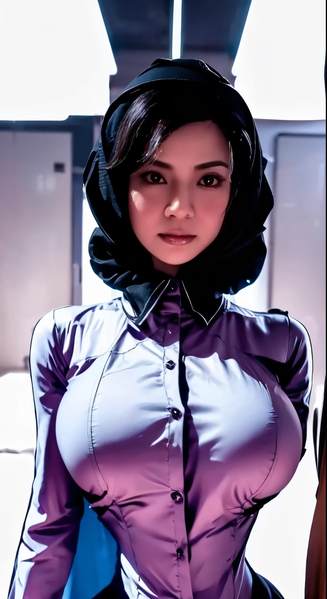 50 years Old, Hijab Indonesian mature woman, Big Tits : 66.9, Gamis, Breast out from her clothes : 1.9, at doctor office, Dark light, at Nighttime