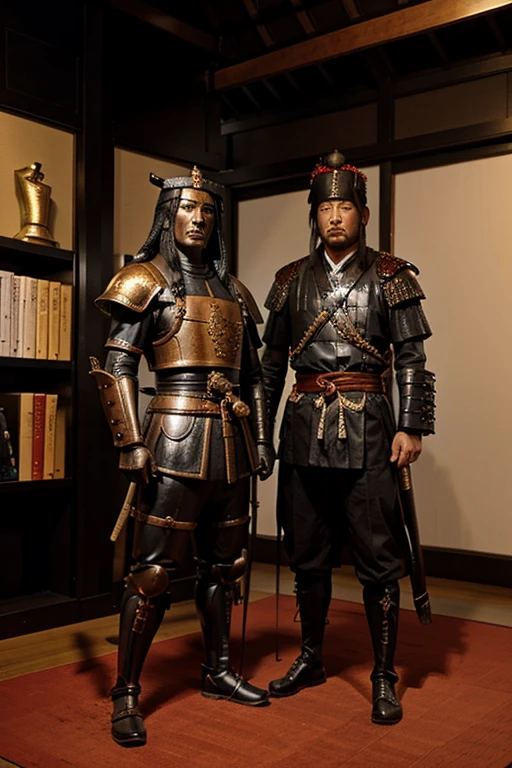 Statue of Yasuke dressed in traditional samurai armor, Standing alongside Oda Nobunaga, Powerful feudal lord.