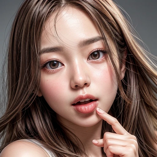 (highest quality,Super detailed,Physically Based Rendering:1.2), Realistic,Portraiture,Beautiful young woman with long wavy hair and captivating eyes,Delicate features,Soft lighting, Vibrant colors, ((Playfully licking fingers with tongue, Gently placing a finger in the mouth)),Subtle expressions of joy and anticipation,Romantic atmosphere, (Close-up shot of sensual lips),Cheeks turn slightly red,Sensual and sophisticated,A gentle and captivating gaze. centered, Studio gray background .