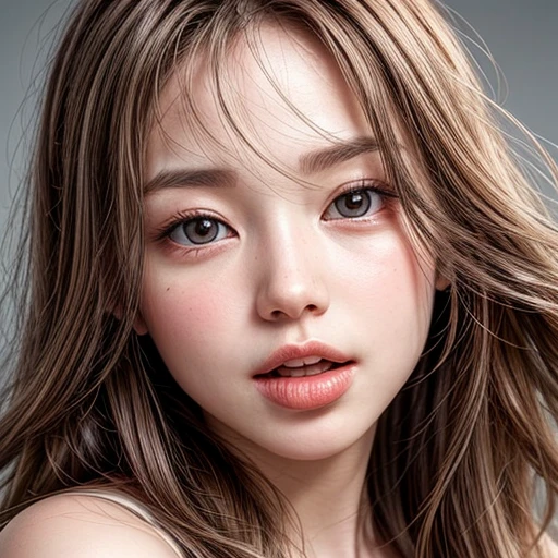 (highest quality,Super detailed,Physically Based Rendering:1.2), Realistic,Portraiture,Beautiful young woman with long wavy hair and captivating eyes,Delicate facial features,Soft lighting, Vibrant colors, ((Playfully licking fingers with tongue, Gently placing a finger in the mouth)),Subtle expressions of joy and anticipation,Romantic atmosphere, (Close-up shot of sensual lips),Cheeks turn slightly red,Sensual and sophisticated,A gentle and captivating gaze. centered, Studio gray background .