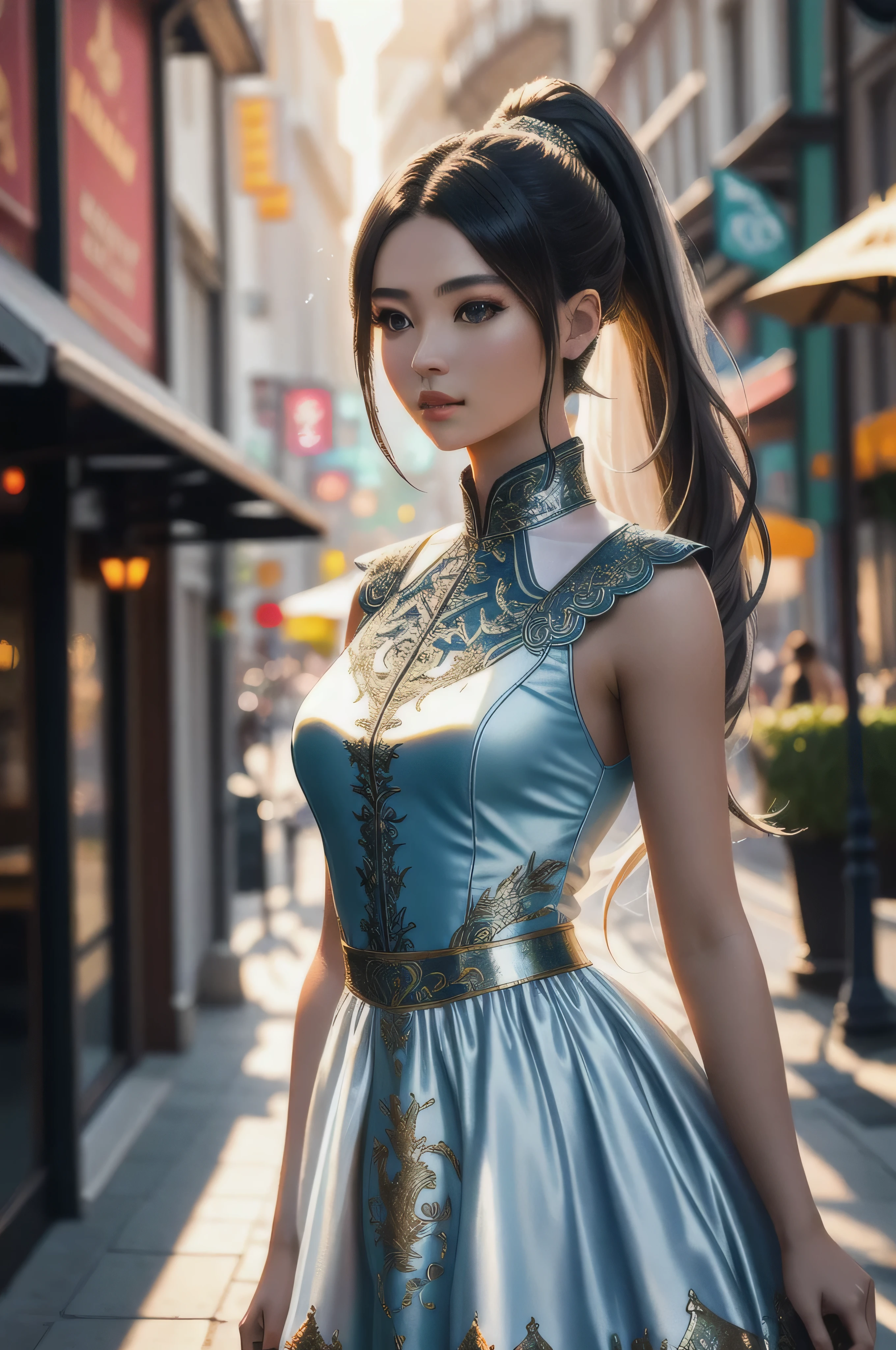 masterpiece, ultra detailed photography of a gorgeous humanoid dragon male, 1girl, (((21 year old girl))), perfectly drawn face, wearing a cute summer dress, shopping in a city street, 8k resolution, photorealistic, ultra-high quality, opulent detailed background, 32k, long white hair, messy ponytail, full lips, perfect anatomy, cinematic lighting, intricately detailed, volumetric lighting