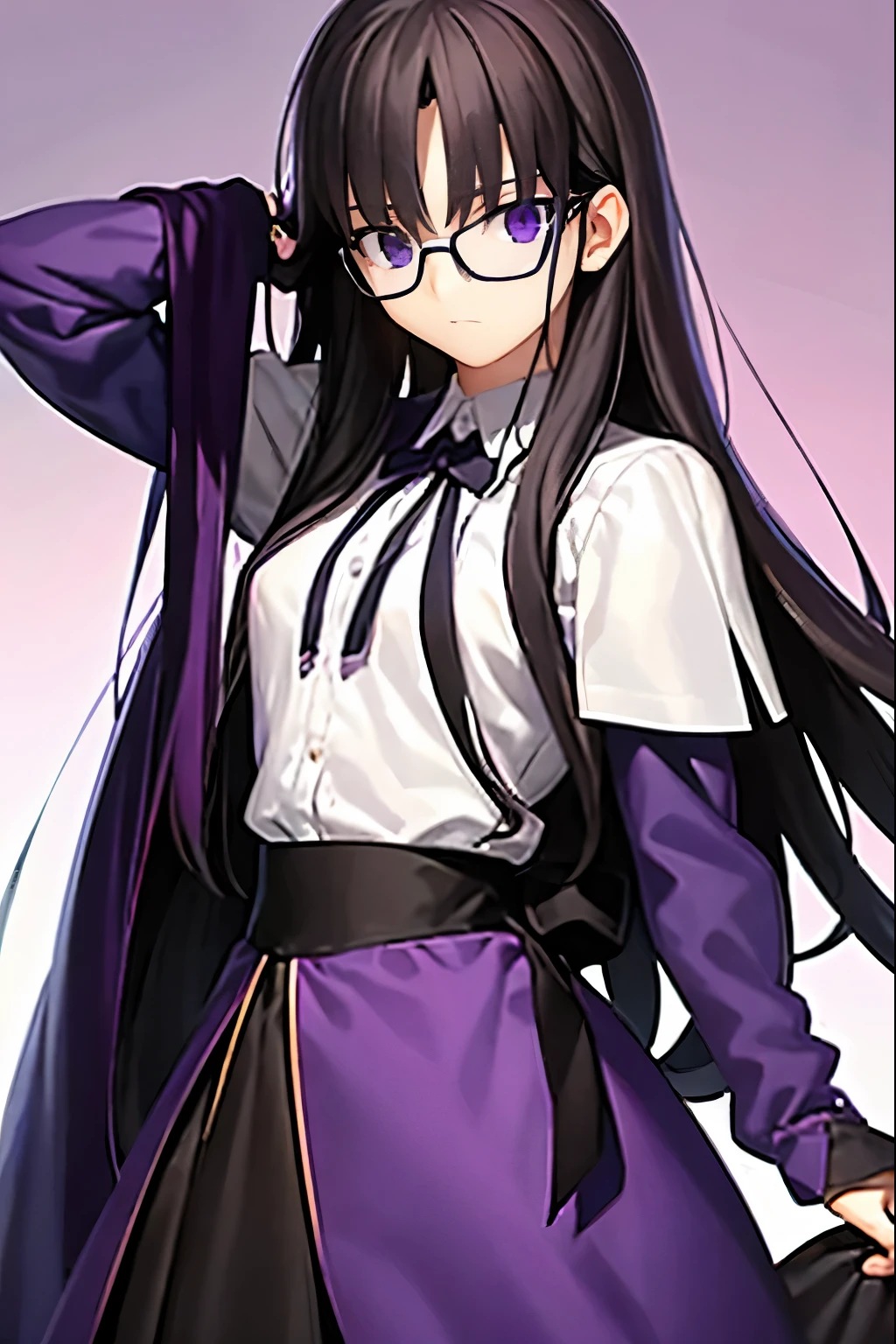 highest quality、masterpiece、Long Black Hair、Purple glasses、A quiet girl、16-year-old high school student、A quiet-looking librarian、Small breasts、Purple Eyes、Hair Shine、Tear bags、double eyelid、Long eyelashes、Droopy eyes、Pink Lips、uniform、Character Full Body、White background