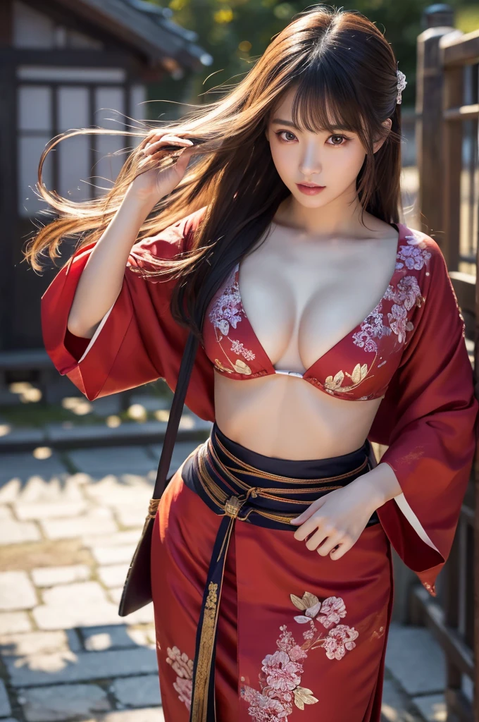 highest quality、8k Masterpiece、超A high resolution、(Photorealistic:1.3)、RAW Photos、1 girl、Plain crimson Japanese kimono、geta、Silvery white super long hair、Long Hair、Glowing Skin、1. Super beautiful female samurai soldiers、((Ultra-Realistic Details))、Portrait、Global Illumination、Shadow、Octane Rendering、8k、Super sharp、Beautiful breasts、Metal、Cold colors、、Very intricate details、Realistic Light、CGSoation Trend、Beautiful Eyes、Shining Eyes、Looking into the distance、Neon Details、20age、Too beautiful face、Intelligence、Obscene、Sexy、Moe、whole body、Healthy Body、night、The background is Yoshiwara in the Edo period.、On the roof、love、Charm、mischievous、More sexy、Hands on chest、Make your background more vibrant、Fantasy、Angle to toes、Whiter skin、Standing posture、More realistic facial features、anger、Retrospective、wide shot、full body、More realistic Japanese faces、Hair flowing in the cold wind、Japanese sword、In combat、Red charm on ankle、太ももにAngelのタトゥー、Angel、The goddess