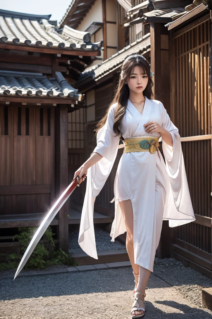 highest quality、8k Masterpiece、超A high resolution、(Photorealistic:1.3)、RAW Photos、1 girl、Plain crimson Japanese kimono、geta、Silvery white super long hair、Long Hair、Glowing Skin、1. Super beautiful female samurai soldiers、((Ultra-Realistic Details))、Portrait、Global Illumination、Shadow、Octane Rendering、8k、Super sharp、Beautiful breasts、Metal、Cold colors、、Very intricate details、Realistic Light、CGSoation Trend、Beautiful Eyes、Shining Eyes、Looking into the distance、Neon Details、20age、Too beautiful face、Intelligence、Obscene、Sexy、Moe、whole body、Healthy Body、night、The background is Yoshiwara in the Edo period.、On the roof、love、Charm、mischievous、More sexy、Hands on chest、Make your background more vibrant、Fantasy、Angle to toes、Whiter skin、Standing posture、More realistic facial features、anger、Retrospective、wide shot、full body、More realistic Japanese faces、Hair flowing in the cold wind、Japanese sword、In combat、Red charm on ankle、太ももにAngelのタトゥー、Angel、The goddess