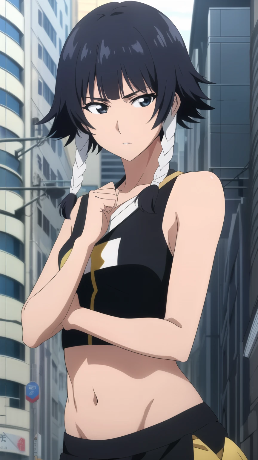 soifon, soifon, short hair, bangs, black hair, short hair with long locks, (black eyes:1.2), small breasts,(slender:1.2),Glare, (crop top, mini skirt,city:1.2), 
dynamic pose, dynamic angles, looking at viewer,
 (masterpiece best quality, 8k:1.2),(anime), high resolution, unity 8k wallpaper, (illustration:0.8), (beautiful detailed eyes:1.2), extremely detailed face, perfect lighting, extremely detailed CG, (perfect hands, perfect anatomy),