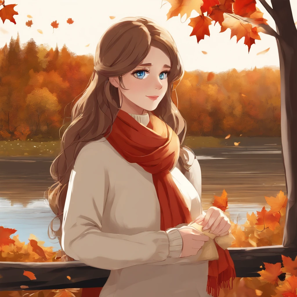 (masterpiece), highest quality, Super detailed, figure, Warm lighting, Soft lighting, Bright colors, 1 girl, alone,( beautiful girl, Long Hair, blue eyes, ribbon, Brown Hair, Hair between the eyes, hair ribbon, Side Lock, very Long Hair, Messy Hair,) , autumn, Lots of maple trees, maple leaf, Golden Leaf, autumn leaves, Dry leaves, river, Fresh air, peace, Cool breeze , Sweater Weather,( Wear a white or brown sweater, Red scarf, melancholyなautumn, Lost in Thought, melancholy, sad ,Worried, longing,)