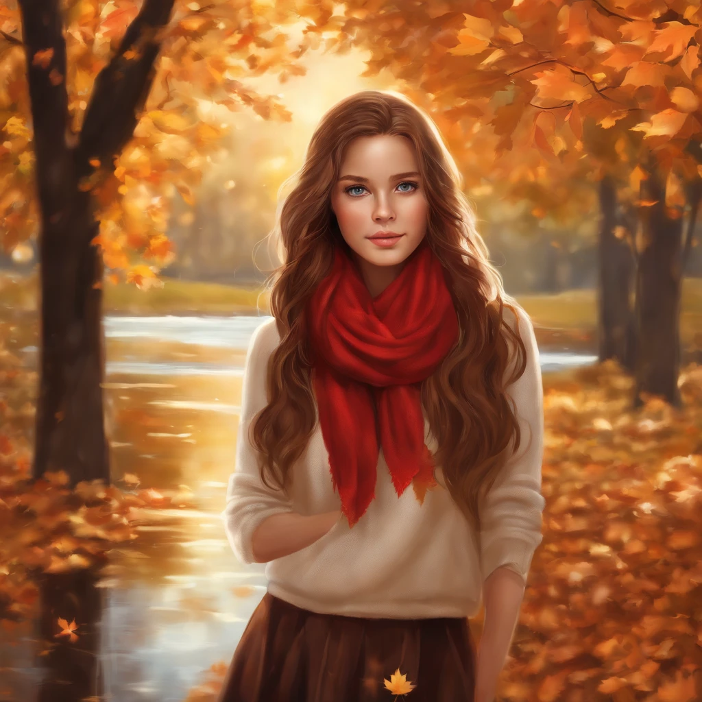 (masterpiece), highest quality, Super detailed, figure, Warm lighting, Soft lighting, Bright colors, 1 girl, alone,( beautiful girl, Long Hair, blue eyes, ribbon, Brown Hair, Hair between the eyes, hair ribbon, Side Lock, very Long Hair, Messy Hair,) , autumn, Lots of maple trees, maple leaf, Golden Leaf, autumn leaves, Dry leaves, river, Fresh air, peace, Cool breeze , Sweater Weather,( Wear a white or brown sweater, Red scarf, melancholyなautumn, Lost in Thought, melancholy, sad ,Worried, longing,)