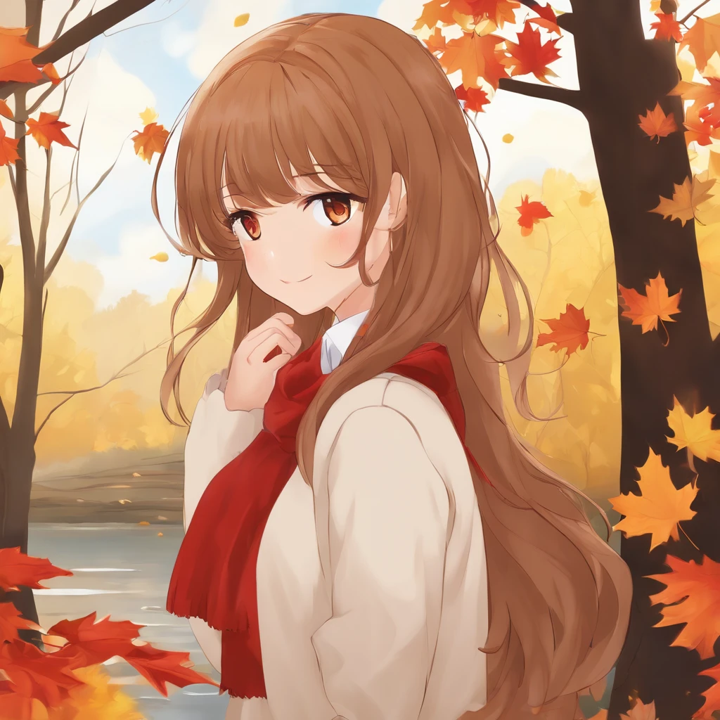 (masterpiece), highest quality, Super detailed, figure, Warm lighting, Soft lighting, Bright colors, 1 girl, alone,( beautiful girl, Long Hair, blue eyes, ribbon, Brown Hair, Hair between the eyes, hair ribbon, Side Lock, very Long Hair, Messy Hair,) , autumn, Lots of maple trees, maple leaf, Golden Leaf, autumn leaves, Dry leaves, river,  Fresh air,  peace, Cool breeze , Sweater Weather,( Wear a white or brown sweater, Red scarf, melancholyなautumn, Lost in Thought, melancholy, sad ,Worried, longing,)