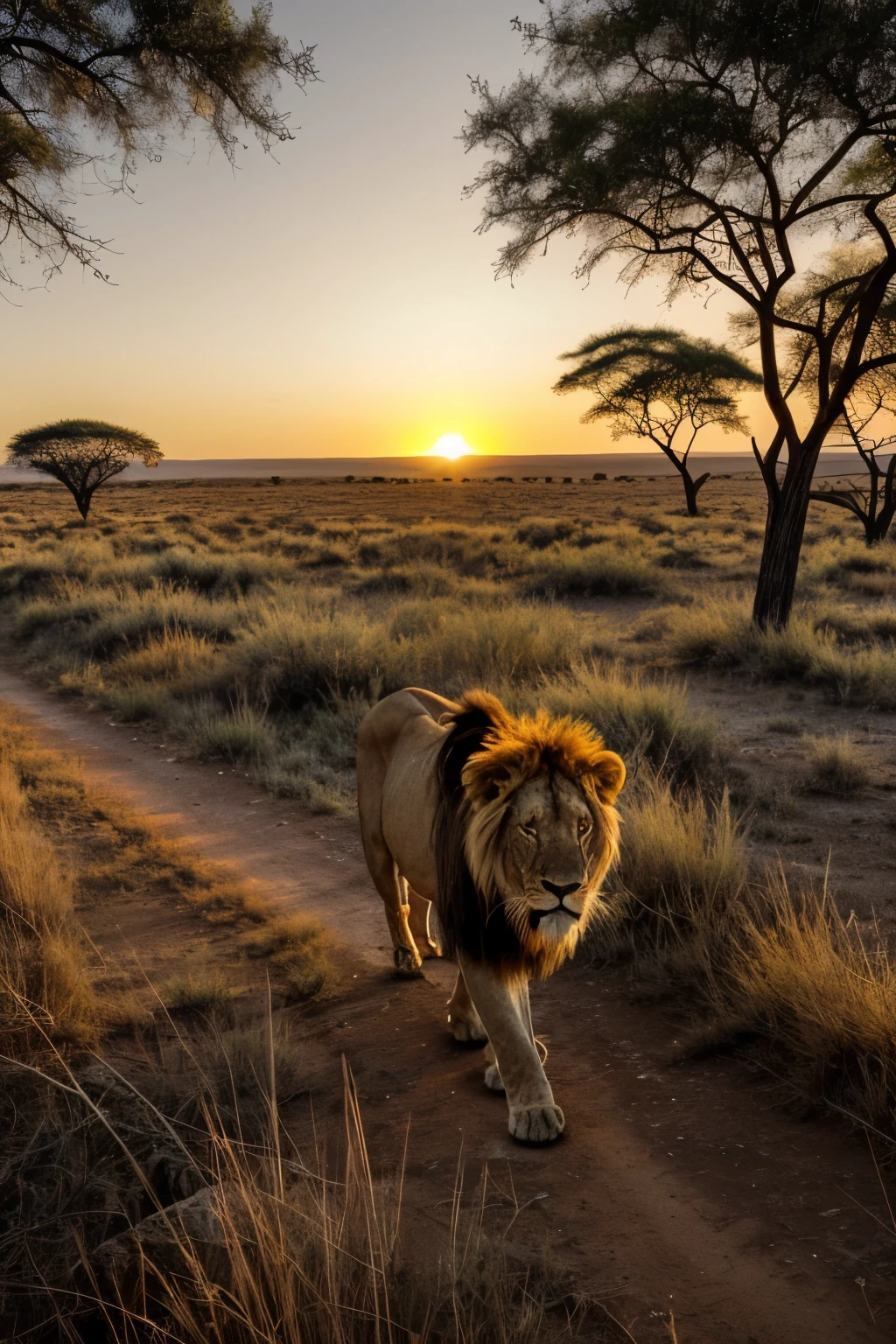 An aging lion, weathered by time, walks alone across the savannah under the golden glow of sunset. His mane, once a lustrous golden crown, is now a mess of silver and gray. The hollows of his face tell tales of a life lived with courage and strength. He carries himself with a slow, deliberate gait, his every step echoing the wisdom of a thousand days under the African sky. His eyes, once fierce and full of life, hold a quiet, melancholic wisdom. The sun casts long shadows behind him, painting a picture of solitude and a life once filled with pride and companionship. This image, captured in the highest quality with the soft light of the setting sun