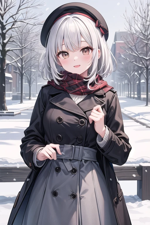 solo girl, 20 years old,medium hair, white hair, brown eyes, medium breast, happy,pea coat,beret,fluffy scarf,maxi skirt ,outdoors, winter,snow, Best Quality, High resolution, Extremely detailed, Detailed background, Perfect Lighting