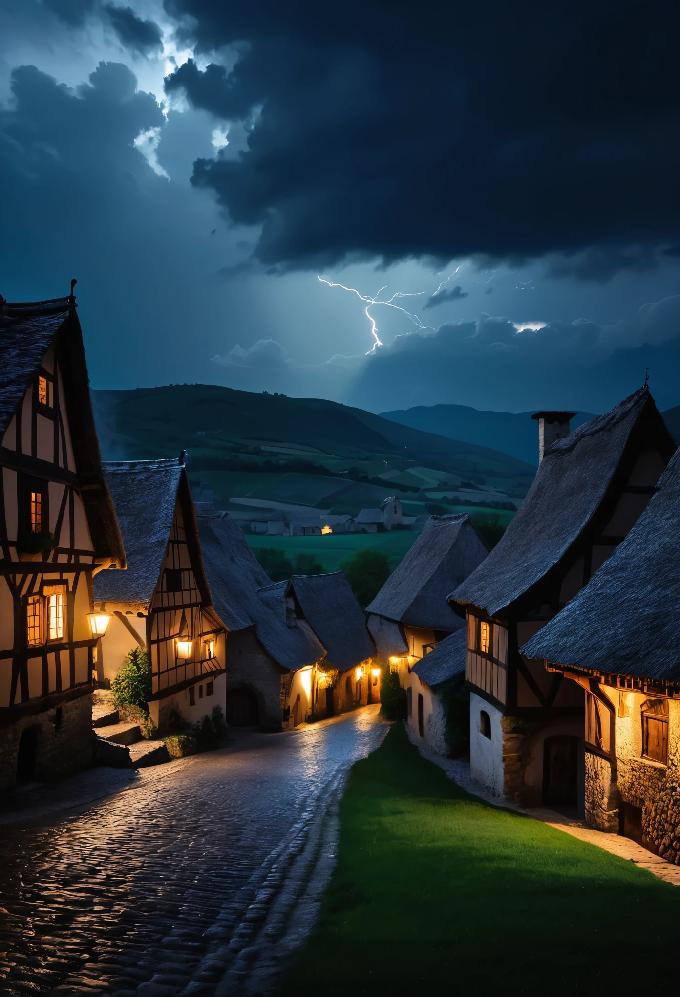 A landscape of a medieval village on a stormy night,
(masterpiece:1.2), (best quality:1.2), ultra-detailed, best shadow, detailed background, high contrast, (best illumination, an extremely delicate and beautiful), ((cinematic light)), intricate details, 8k, very aesthetic, photorealistic,