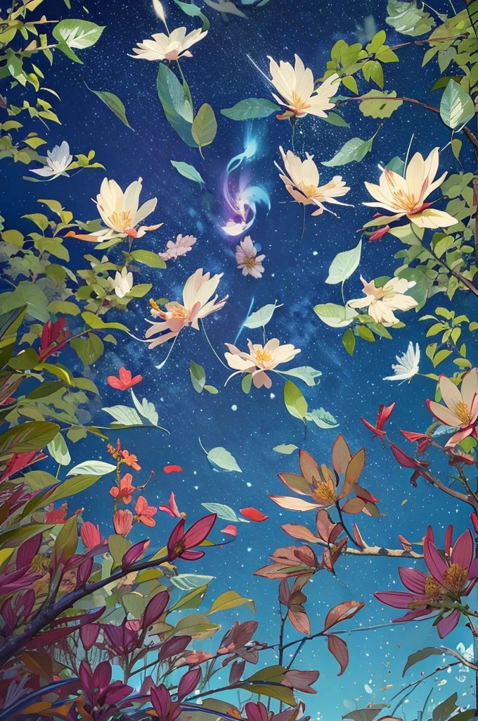 masterpiece, best quality, (very detailed CG Unity 8k 벽지) (best quality), (best illustration), (best shadow) nature, blue,Tracking the light of the various colored petals of delicate leaves falling in the air., very detailed