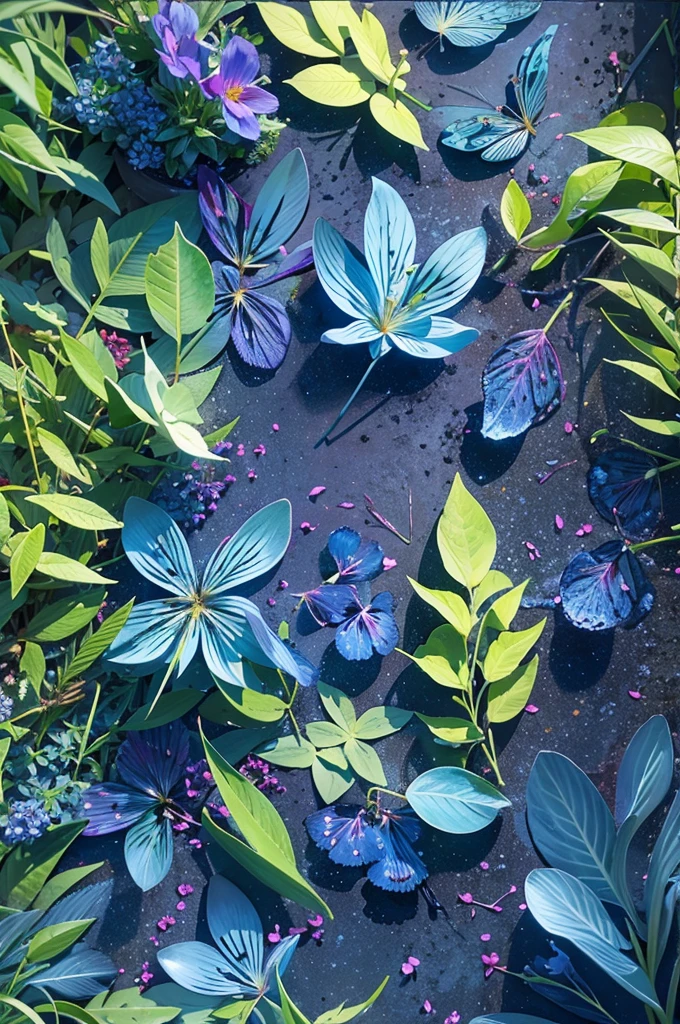 masterpiece, best quality, (very detailed CG Unity 8k 벽지) (best quality), (best illustration), (best shadow) nature, blue,Tracking the light of the various colored petals of delicate leaves falling in the air., very detailed 