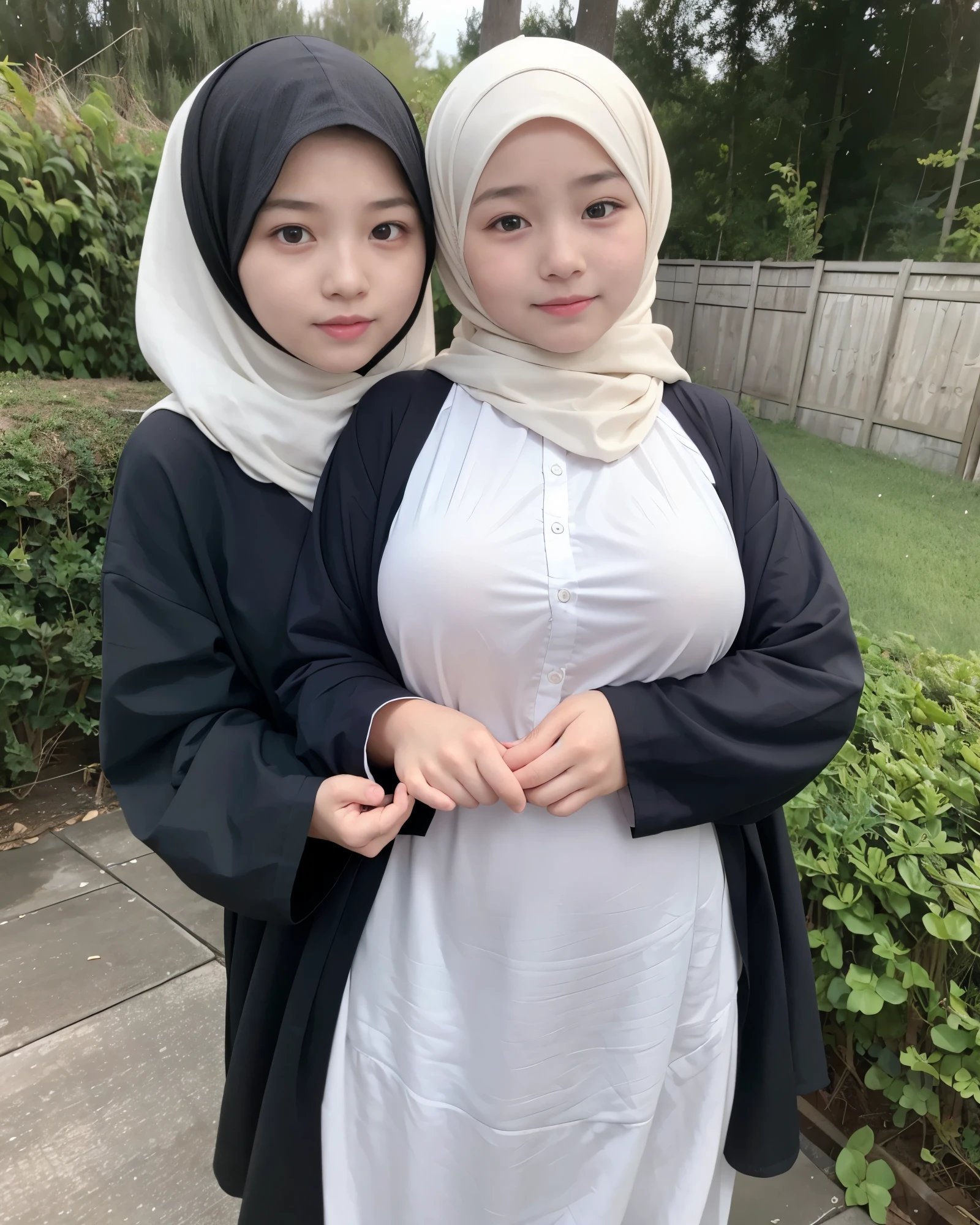 adorable, 2 girl, (face to face), 10 years old, baby face, happy, full body portrait, (face details: 1), (eye details: 1), ((big breasts)). wearing long shirt, hijab, .. Cute posed. proportional body. Ultra High Res. realistic: 1.4, UHD