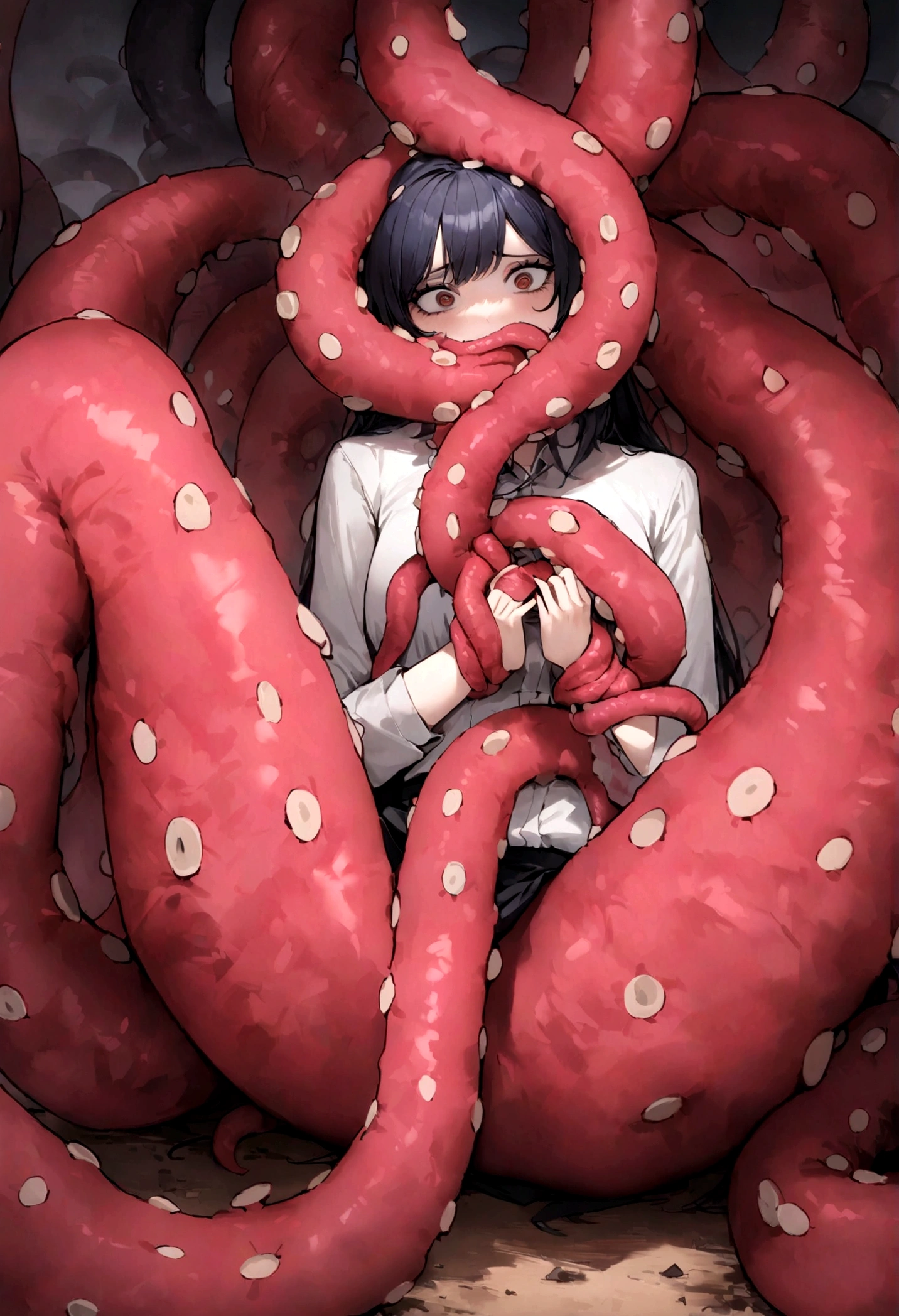 (((best quality)),((ultra detailed)),((master piece)),ilustration,"woman,slumped on th e ground, spread her legs, grabbed the ten tacles with her hands,wrapped around her body, her mouth contained the tentacles, and the tentacles were into her pr ivate parts. Tentacles spray , m essy, the woman is full of ."