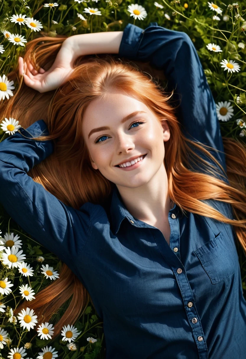 1 beautiful girl, 20yo, long red-blonde hair, blue eyes, smile, (lies on her back in a flower meadow), ((her both arms folded behind her head)), wearing a dark blue shirt,
(masterpiece:1.2), (best quality:1.2), ultra-detailed, best shadow, detailed background, high contrast, (best illumination, an extremely delicate and beautiful), ((cinematic light)), hyper detail, dramatic light, intricate details, 8k, very aesthetic, photorealistic,