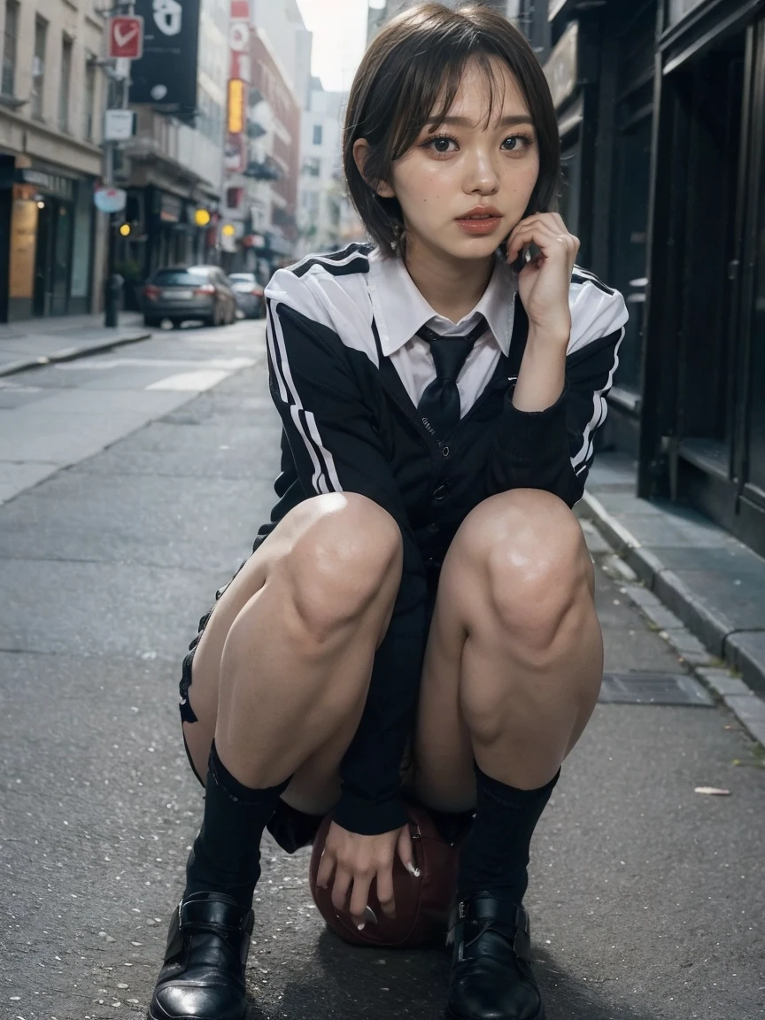 ((a in a tight revealing student uniform)), ((full body)), ((medium short hair:1.3)), buttocks, panty lines, detailed face, long eyelashes, beautiful eyes, beautiful lips, photo realistic, hyper detailed, 8k, high quality, masterpiece, vibrant colors, dramatic lighting, cinematic, photorealistic, intricate details,((I can't look directly at the nipples:1.5, Know the shape of your nipples:1.5)),((Lace panties:1.2))