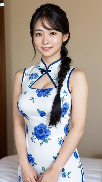 (RAW Photos:1.2), (Realistic:1.4), Beautiful detailed girl, Very detailed eyes and face, Beautiful details, Ridiculous, incredibly Ridiculous, Large file size, Very detailed, High resolution, Very detailed, highest quality, masterpiece, kemomimi, ((Japanese Girls)),、 shape, Very detailed, CG, Unified, 8k wallpaper, wonderful, Fine details, masterpiece, highest quality, Very detailed CG uniform 8k wallpaper, Light on the face, Cinema Lighting,( One Girl),Feeling Face、(Big Ass:1.3)、(Upper body from the knee up)、((Blue and white floral qipao))、((Sleeveless))(Ample breasts:1.5)、28 years old、very,single braid、Shiny black hair、Looking into the camera、(Big smile 1:4):((Knee to upper body)),Are standing, I can see her panties,