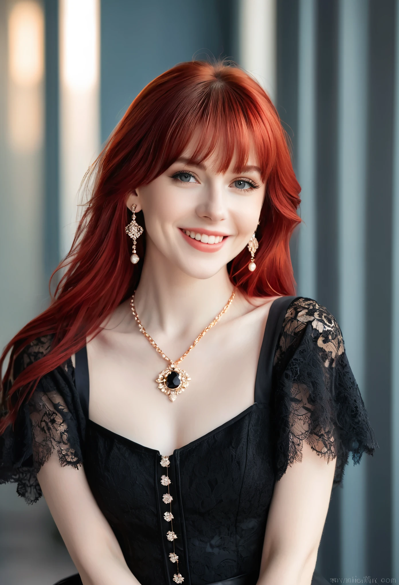 Beautiful, soft light, (beautiful and delicate eyes), very detailed, pale skin, big smile, (long hair), dreamy, medium chest, female 1, ((front shot)), bangs, fiery red hair, soft expression, elegant , Bright smile, 8k art photo, photorealistic concept art, realistic, person, small necklace, small earrings, fantasy, jewelry, shyness, dreamy soft image, skirt, shirt, jacket, color , (masterpiece:1.2), (best quality:1.2), ultra-detailed, best shadow, detailed background, high contrast, (best illumination, an extremely delicate and beautiful), ((cinematic light)), hyper detail, dramatic light, intricate details, 8k, very aesthetic, photorealistic,